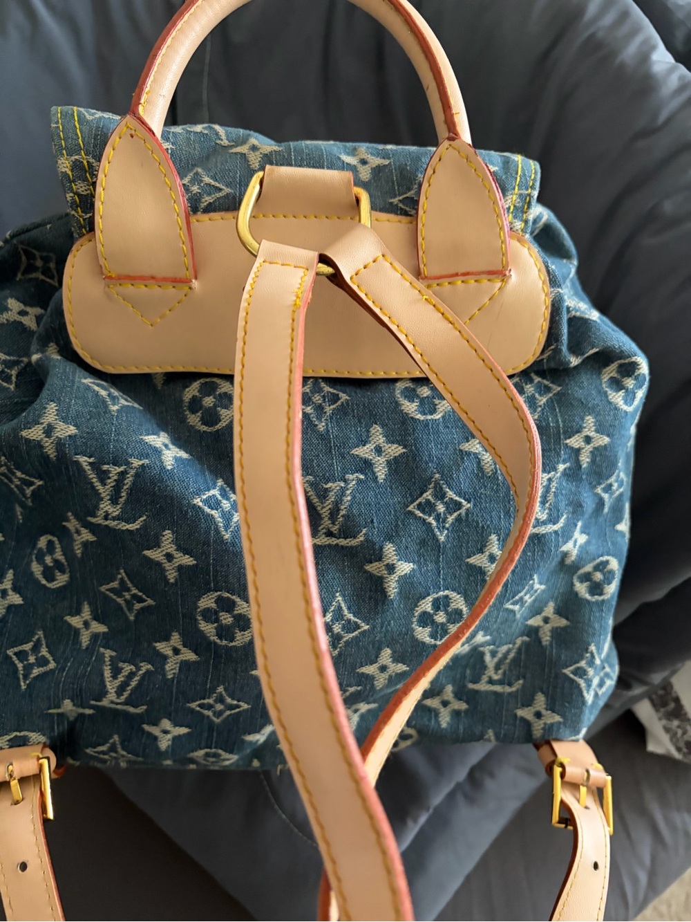 Stylish Fashion Denim Backpack with Tan Leather Trim - Picture 9 of 14